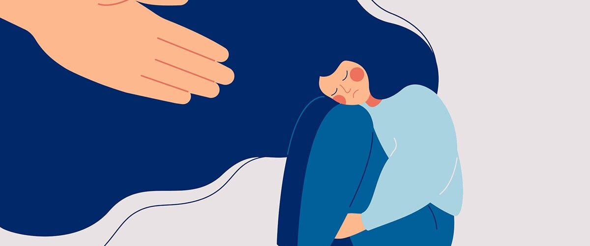 Human hand helps a sad lonely woman to get rid of depression. A young unhappy girl sits and hugs her knees. The concept of support and care for people under stress. Vector illustration in flat style